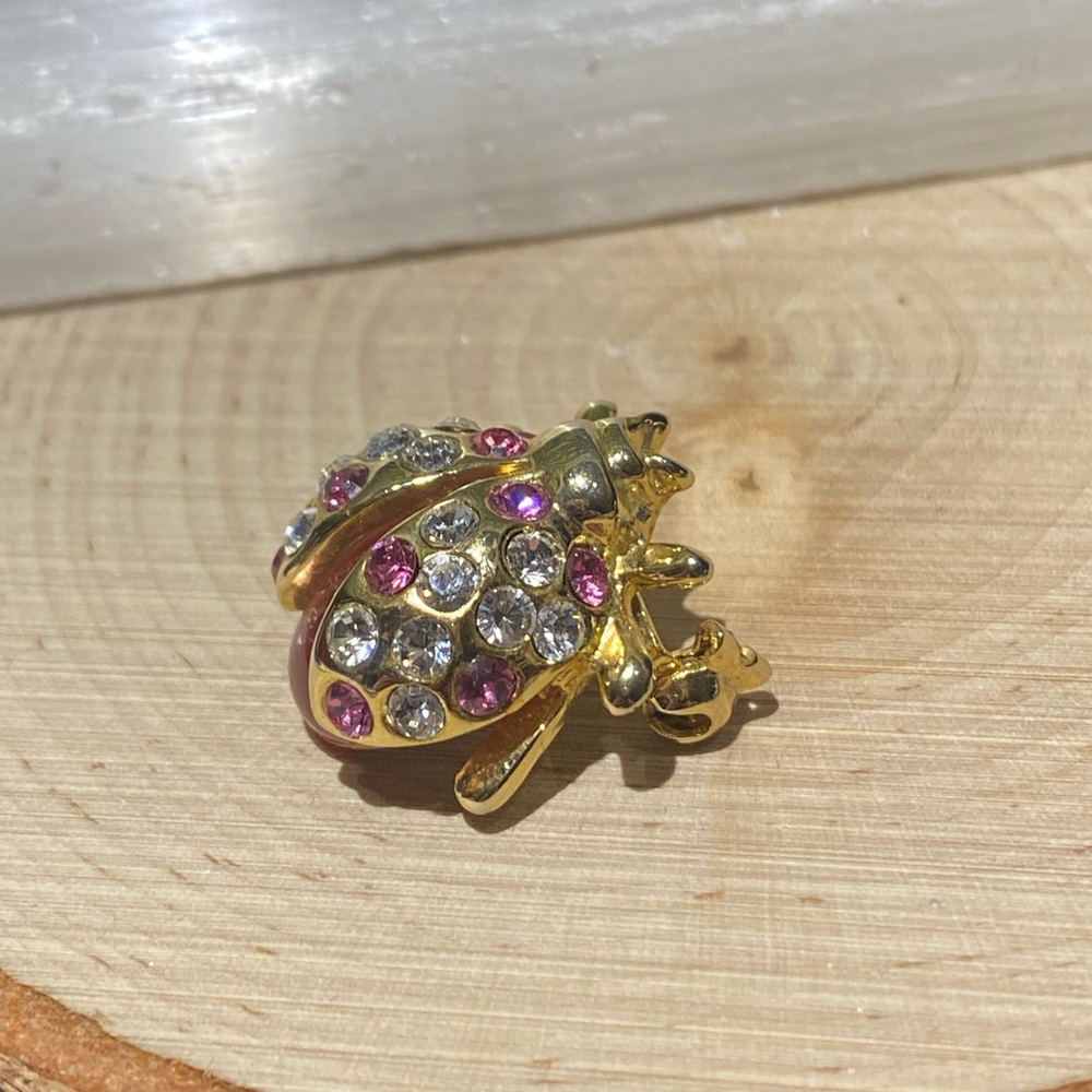 Vintage Pink & White Crystal Ladybug Brooch 🐞💘✨